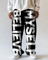Big Men's Street Fashion BELIEVE MYSELF White Letter Printed Versatile Pocket Pants